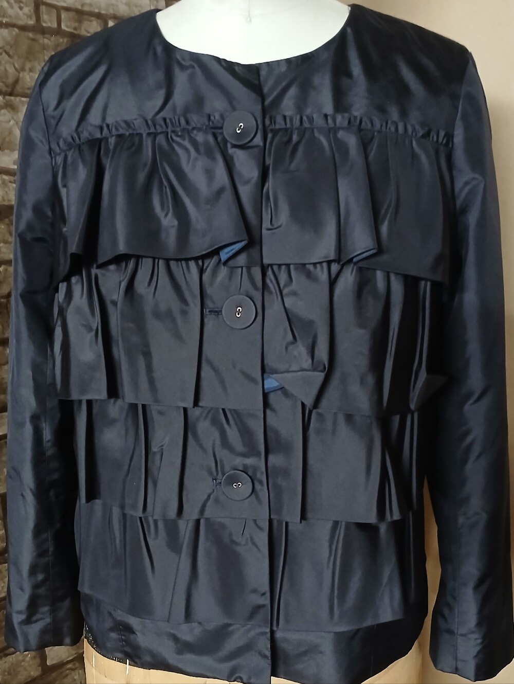J. Crew Black Satin Ruffle Front Jacket